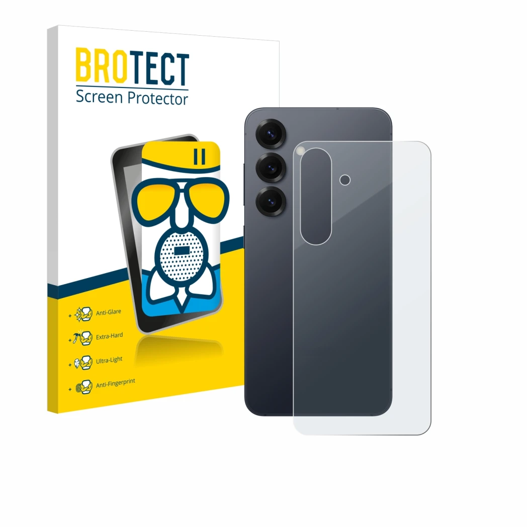 Front side of a product packaging with the brand logo BROTECT. Next to it is the device Samsung Galaxy S25 (Back) shown with t