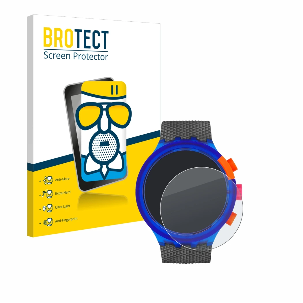 Front side of a product packaging with the brand logo BROTECT. Next to it is the device Swatch Neon Party shown with the corre