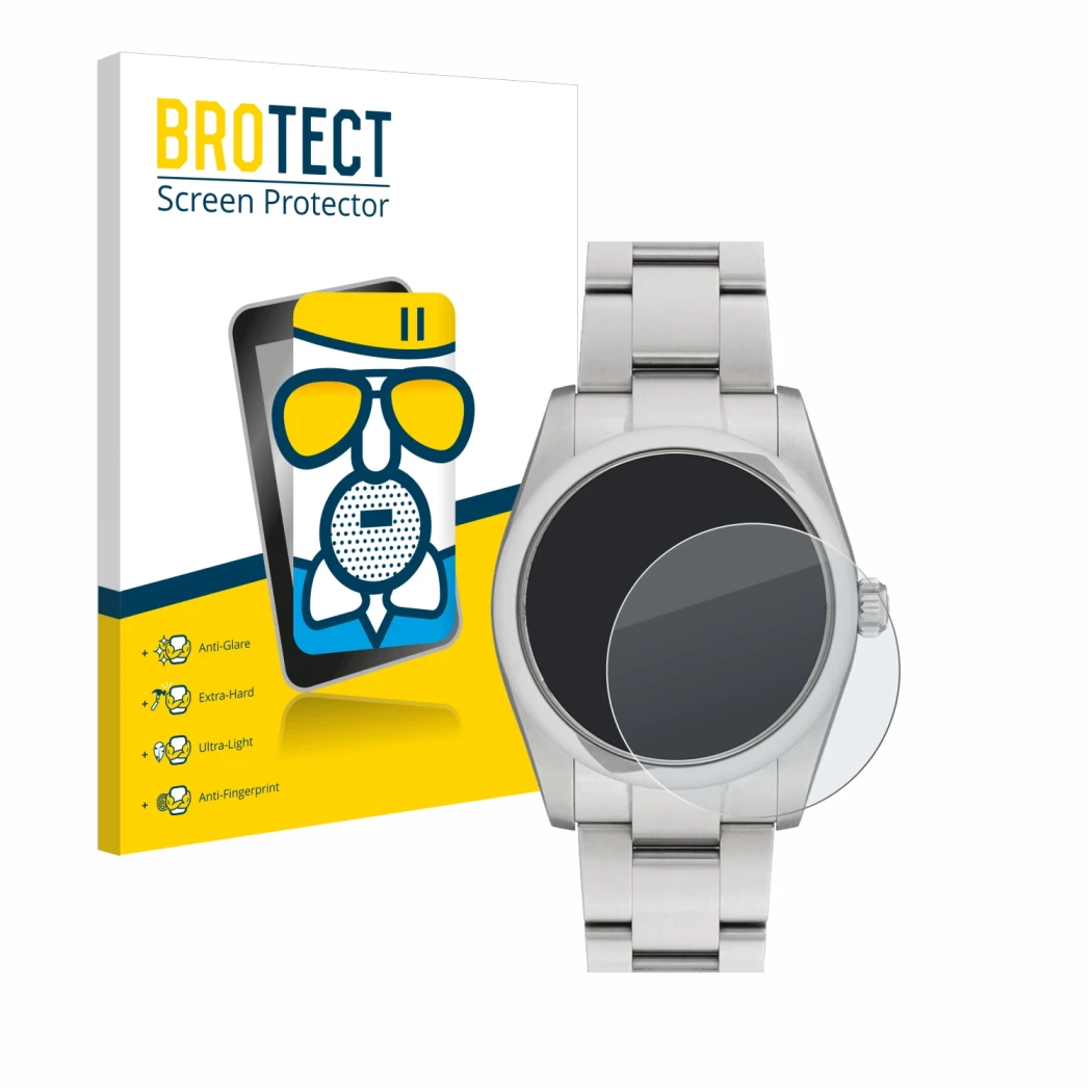 Front side of a product packaging with the brand logo BROTECT. Next to it is the device Rolex Oyster Perpetual 34 shown with t
