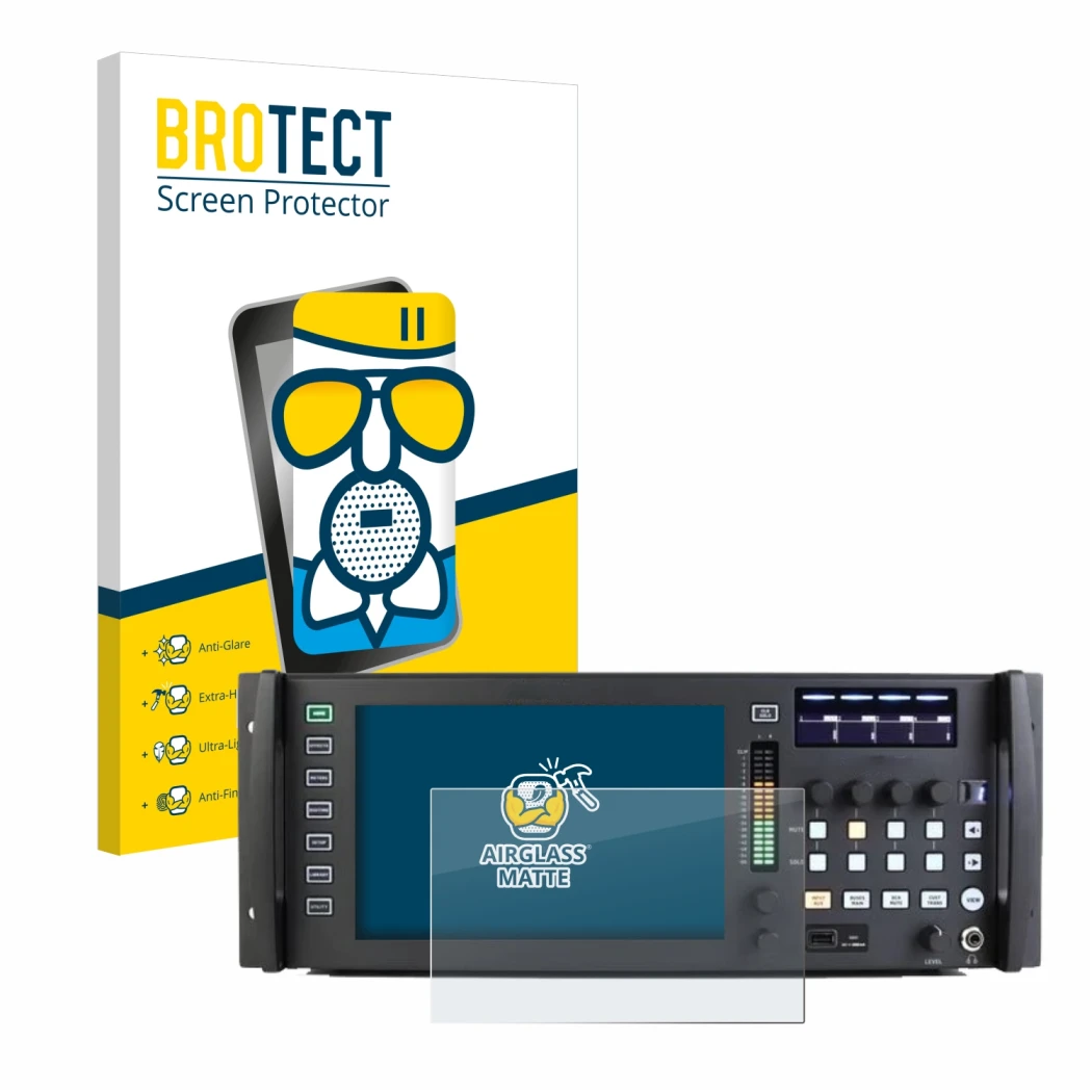 Front side of a product packaging with the brand logo BROTECT. Next to it is the device Behringer Wing Rack shown with the cor