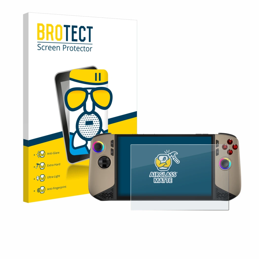 Front side of a product packaging with the brand logo BROTECT. Next to it is the device MSI Claw 8 AI+ shown with the correspo