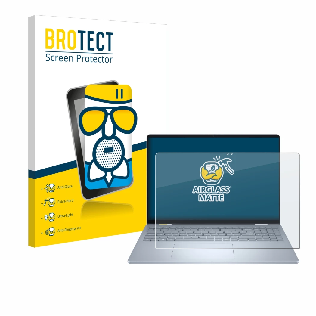 Front side of a product packaging with the brand logo BROTECT. Next to it is the device Dell 16 Plus-2-in-1 shown with the cor