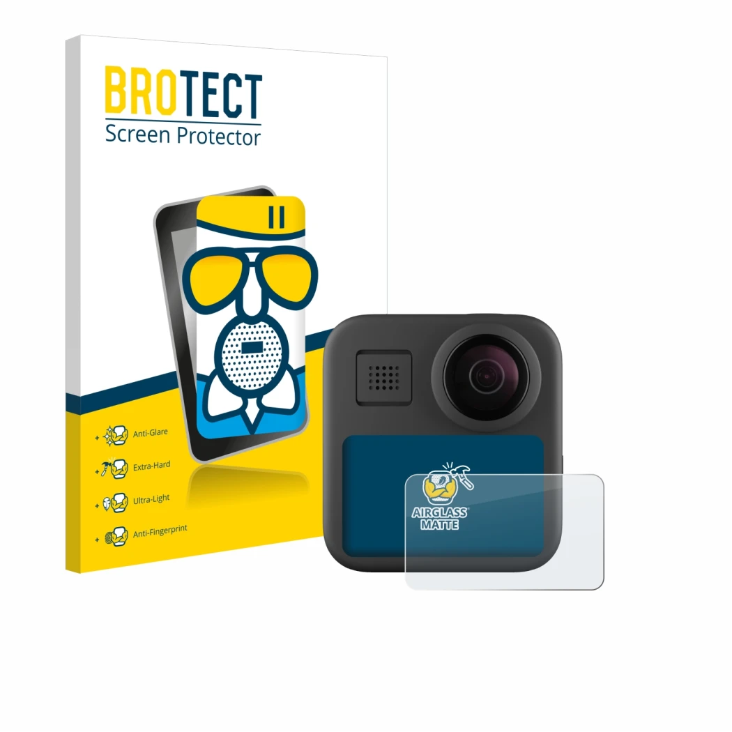 Front side of a product packaging with the brand logo BROTECT. Next to it is the device GoPro Max (2025) shown with the corres