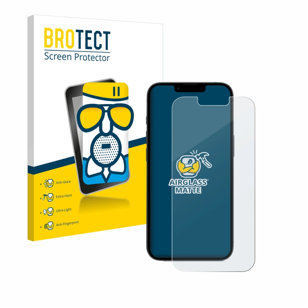 Front side of a product packaging with the brand logo BROTECT. Next to it is the device Apple iPhone 16e shown with the corres