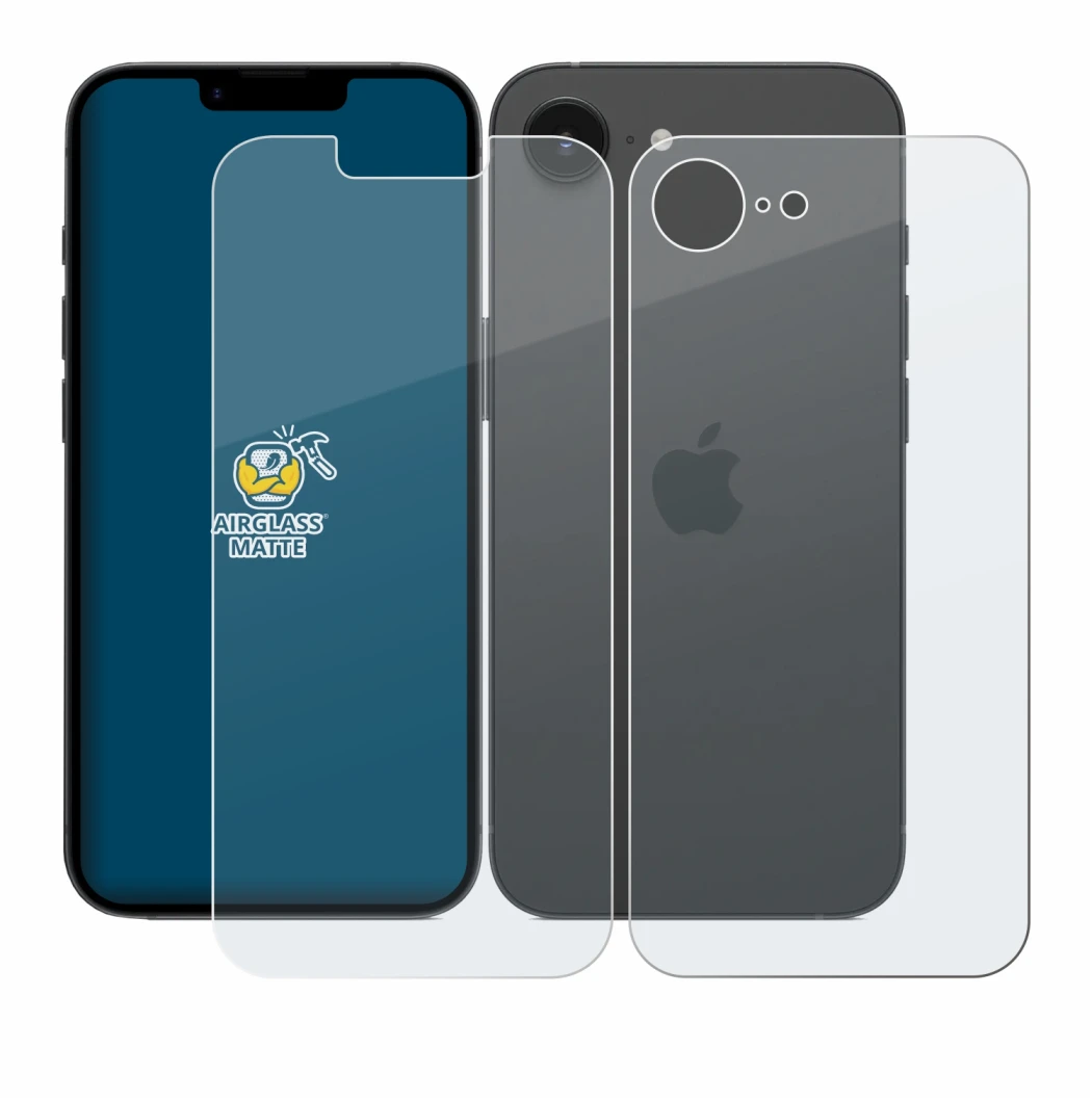 Image of the device Apple iPhone 16e (Front+Back) with a wide variety of screen protectors.