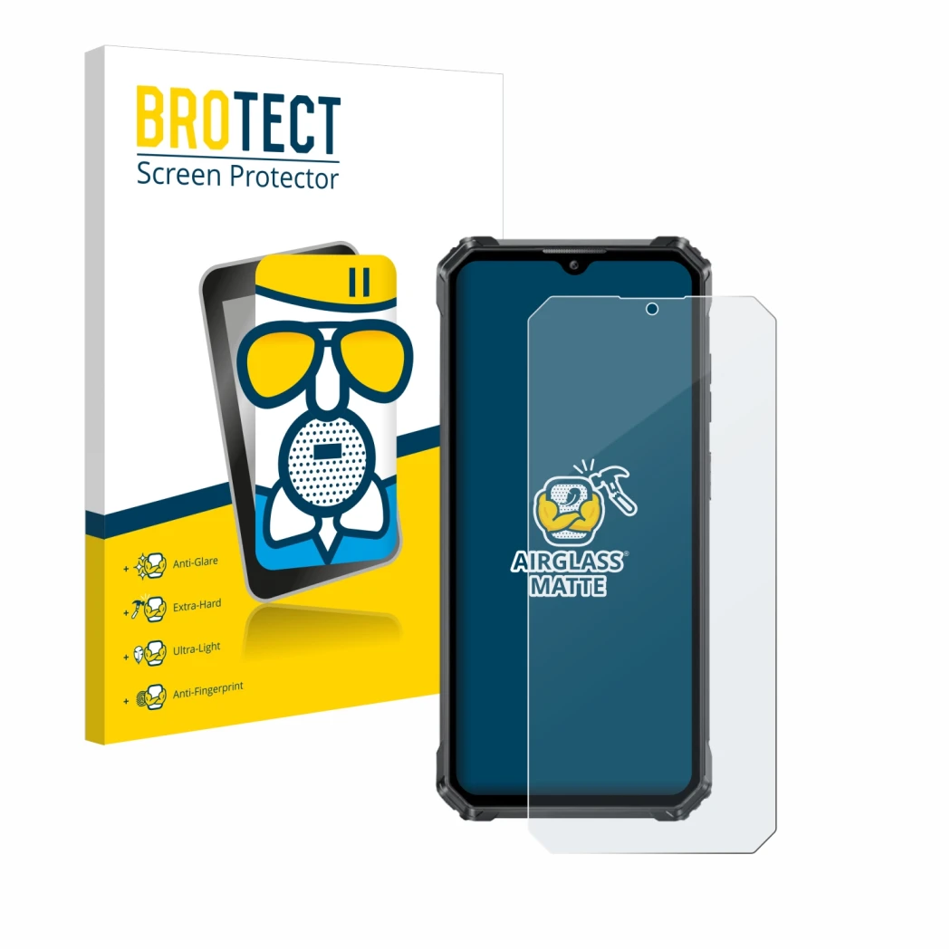 Front side of a product packaging with the brand logo BROTECT. Next to it is the device Oukitel G1 shown with the correspondin