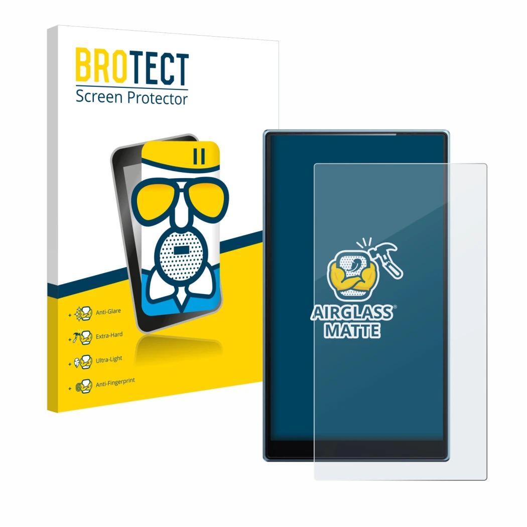 Front side of a product packaging with the brand logo BROTECT. Next to it is the device FiiO JM21 shown with the corresponding