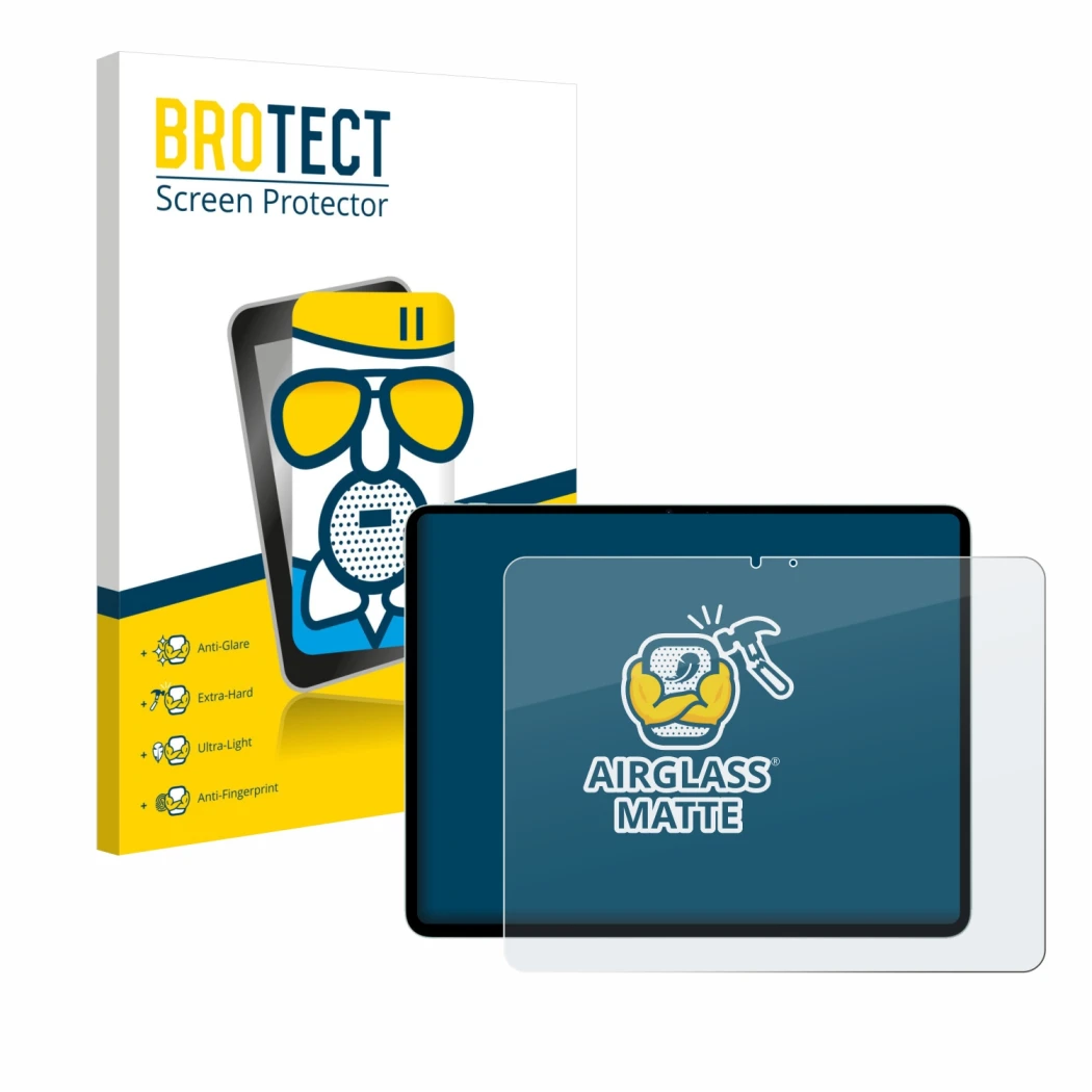 Front side of a product packaging with the brand logo BROTECT. Next to it is the device Apple iPad Air 13