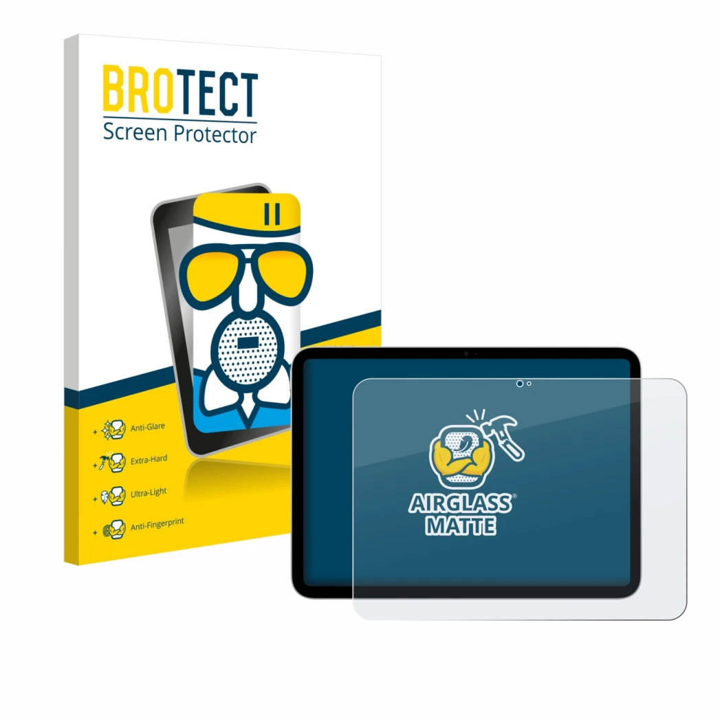 Front side of a product packaging with the brand logo BROTECT. Next to it is the device Apple iPad A16 11