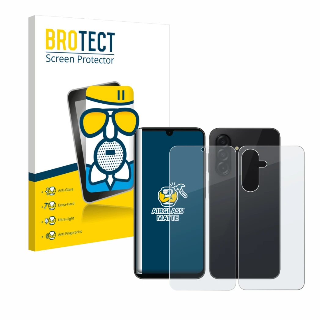 Front side of a product packaging with the brand logo BROTECT. Next to it is the device Samsung Galaxy A26 5G (Front+Back) sho