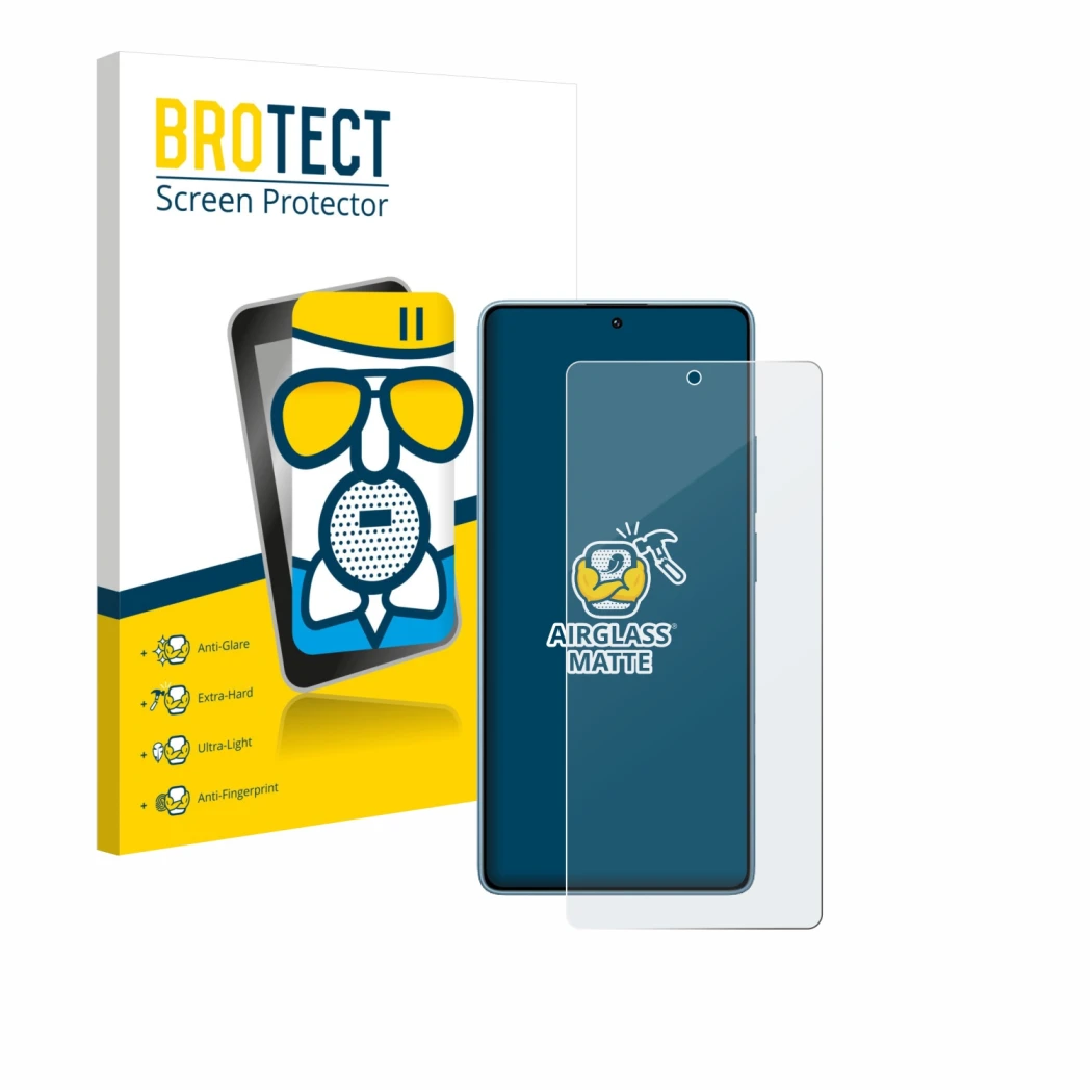 Front side of a product packaging with the brand logo BROTECT. Next to it is the device Xiaomi Redmi Note 14S shown with the c
