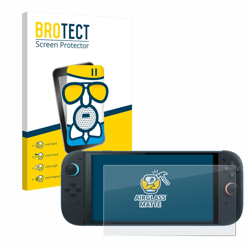 Front side of a product packaging with the brand logo BROTECT. Next to it is the device Nintendo Switch 2 shown with the corre