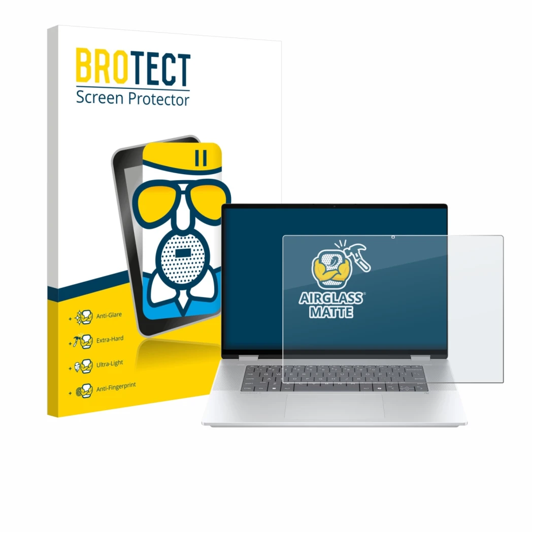 Front side of a product packaging with the brand logo BROTECT. Next to it is the device HP OmniBook X Flip 16-aX shown with th