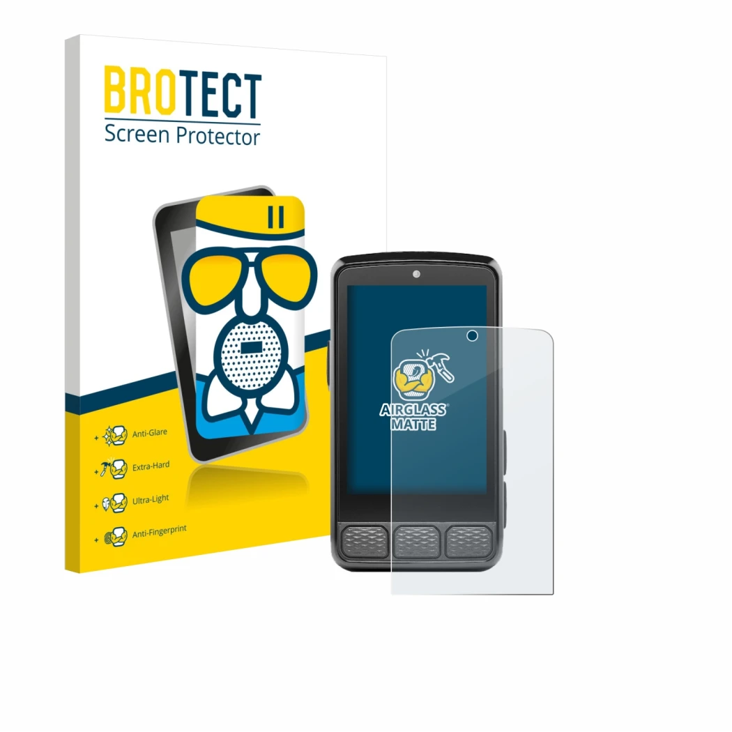 Front side of a product packaging with the brand logo BROTECT. Next to it is the device Wahoo Elemnt Roam 3 shown with the cor