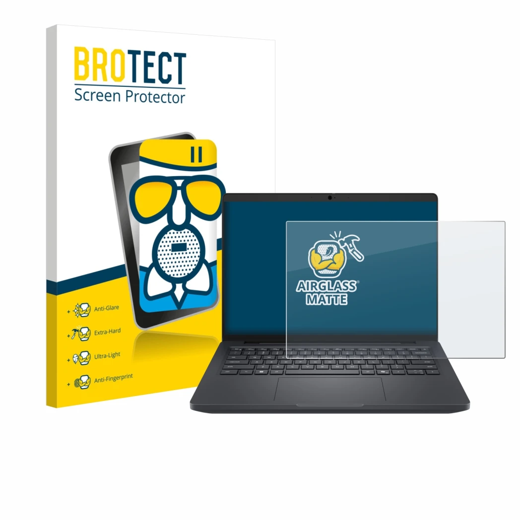 Front side of a product packaging with the brand logo BROTECT. Next to it is the device Dell Pro Max 14 shown with the corresp