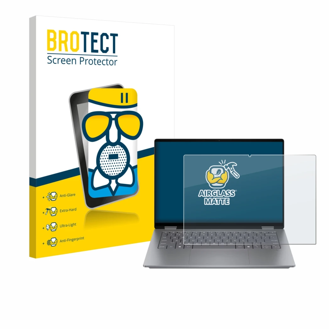 Front side of a product packaging with the brand logo BROTECT. Next to it is the device HP OmniBook X Flip 14 shown with the c