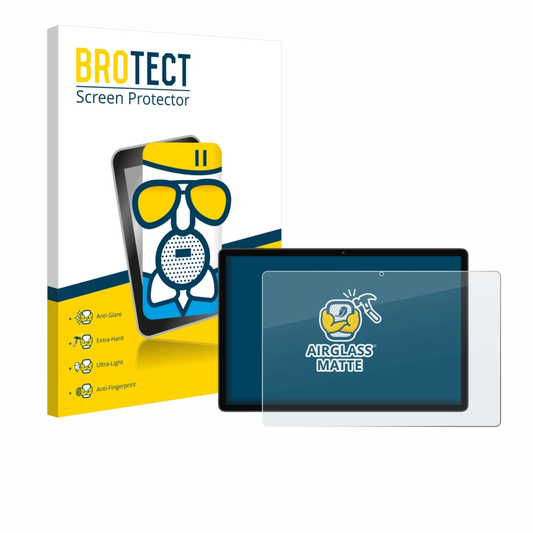 Front side of a product packaging with the brand logo BROTECT. Next to it is the device Blackview MEGA 8 shown with the corres