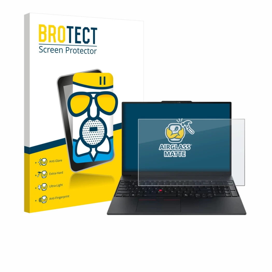 Front side of a product packaging with the brand logo BROTECT. Next to it is the device Lenovo ThinkPad E16 Gen 3 shown with t