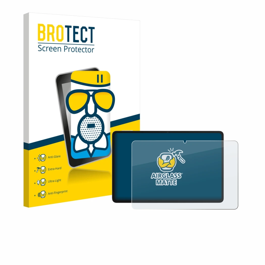 Front side of a product packaging with the brand logo BROTECT. Next to it is the device Honor Pad 10 shown with the correspond