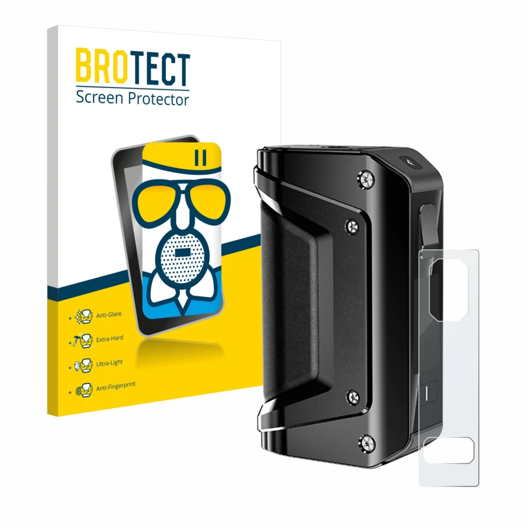 Front side of a product packaging with the brand logo BROTECT. Next to it is the device GeekVape Aegis Legend 3 shown with the