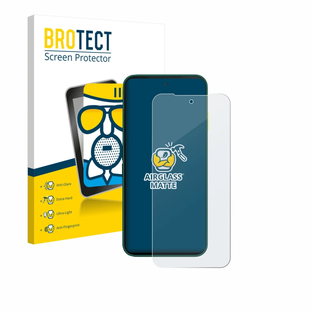 Front side of a product packaging with the brand logo BROTECT. Next to it is the device Fairphone 6 shown with the correspondi