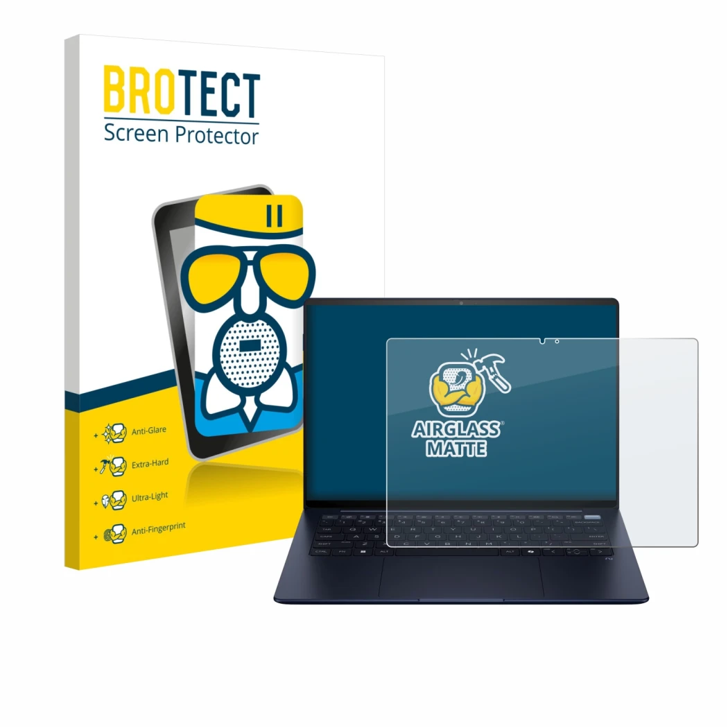 Front side of a product packaging with the brand logo BROTECT. Next to it is the device HP EliteBook Ultra 14 G1i shown with t