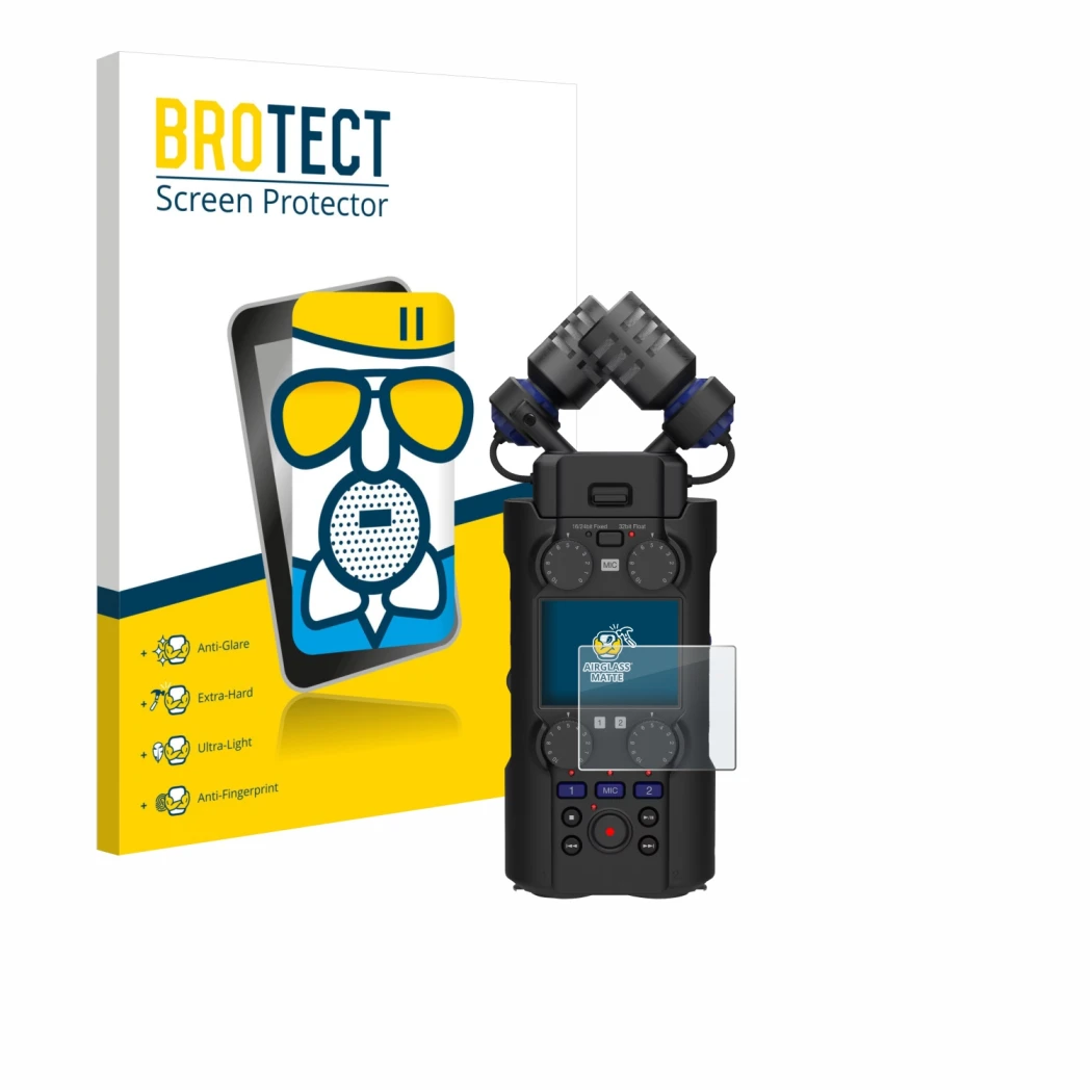 Front side of a product packaging with the brand logo BROTECT. Next to it is the device Zoom H5 Studio shown with the correspo