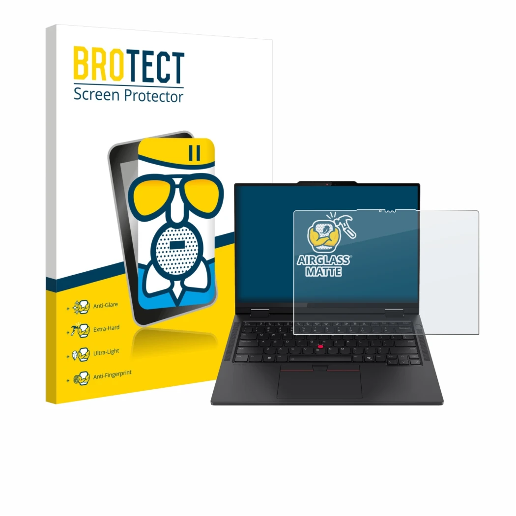 Front side of a product packaging with the brand logo BROTECT. Next to it is the device Lenovo ThinkPad T14s 2-in-1 shown with