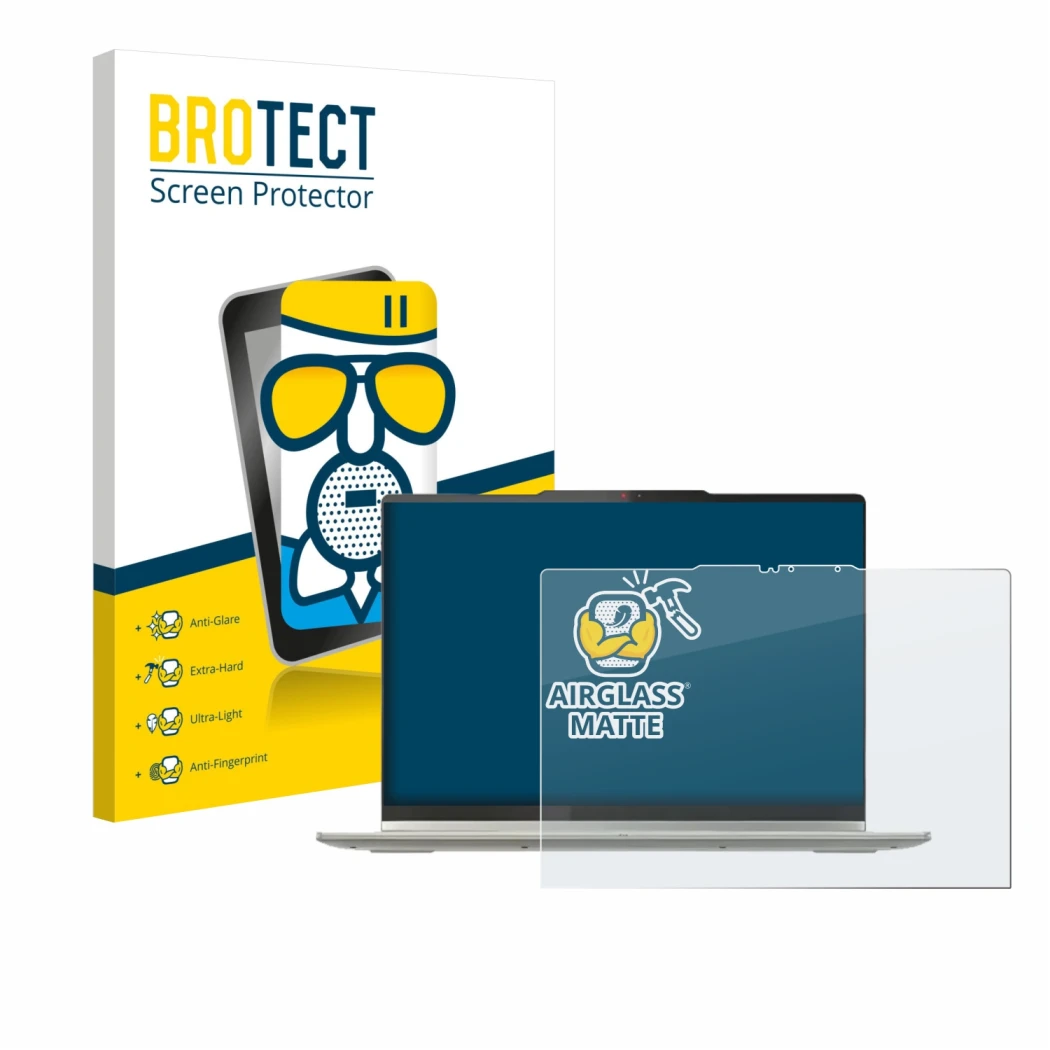 Front side of a product packaging with the brand logo BROTECT. Next to it is the device Lenovo Yoga 7 2-in-1 Gen 10 14