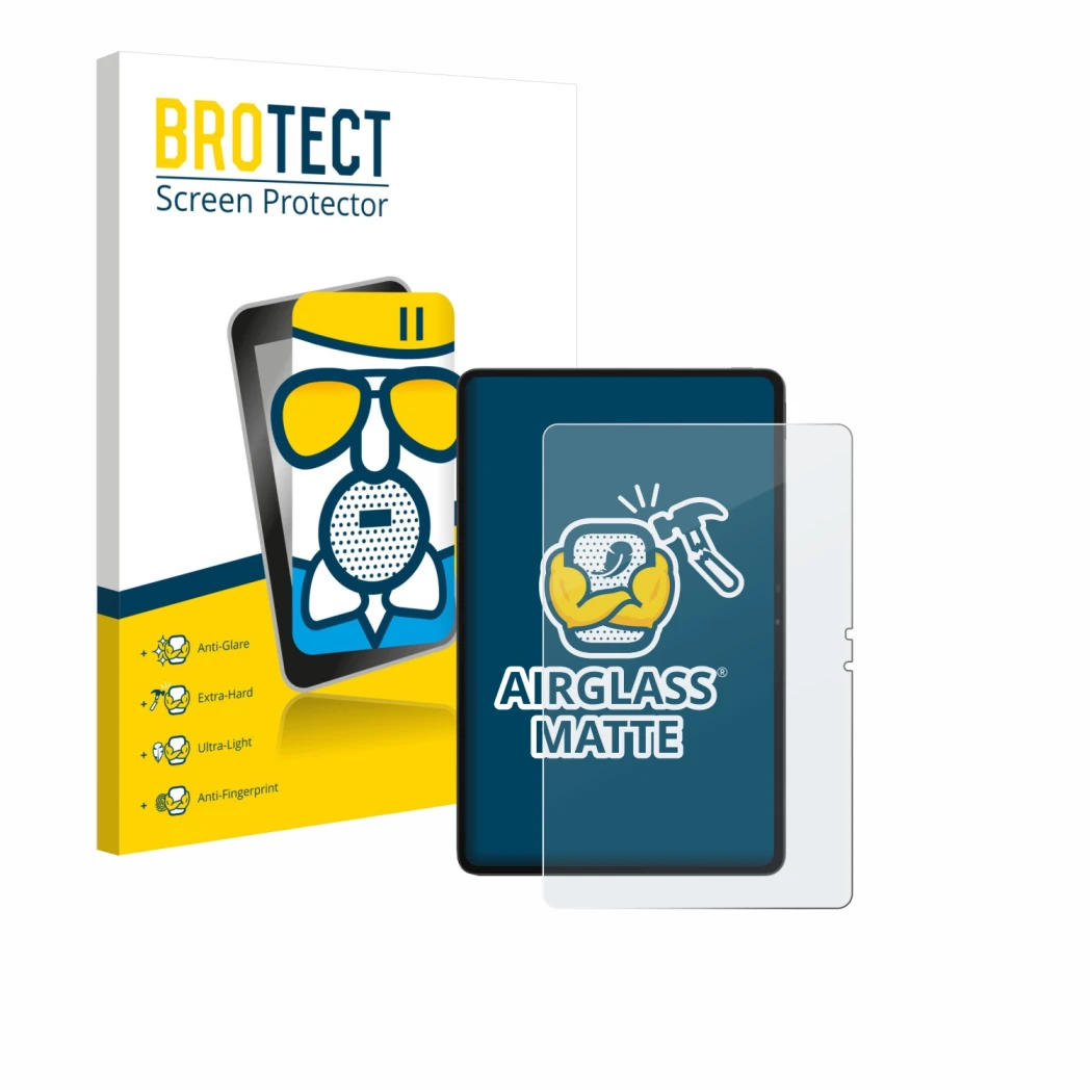 Front side of a product packaging with the brand logo BROTECT. Next to it is the device Blackview MEGA 3 shown with the corres