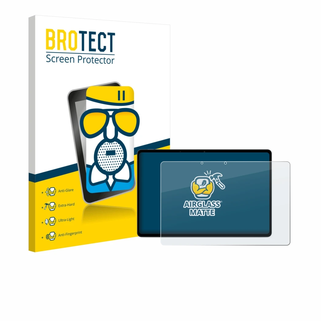 Front side of a product packaging with the brand logo BROTECT. Next to it is the device OnePlus Pad Lite shown with the corres