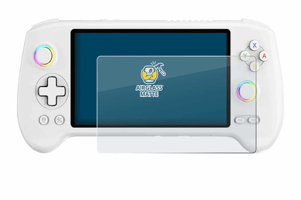 Image of the device Anbernic RG557 with a wide variety of screen protectors.