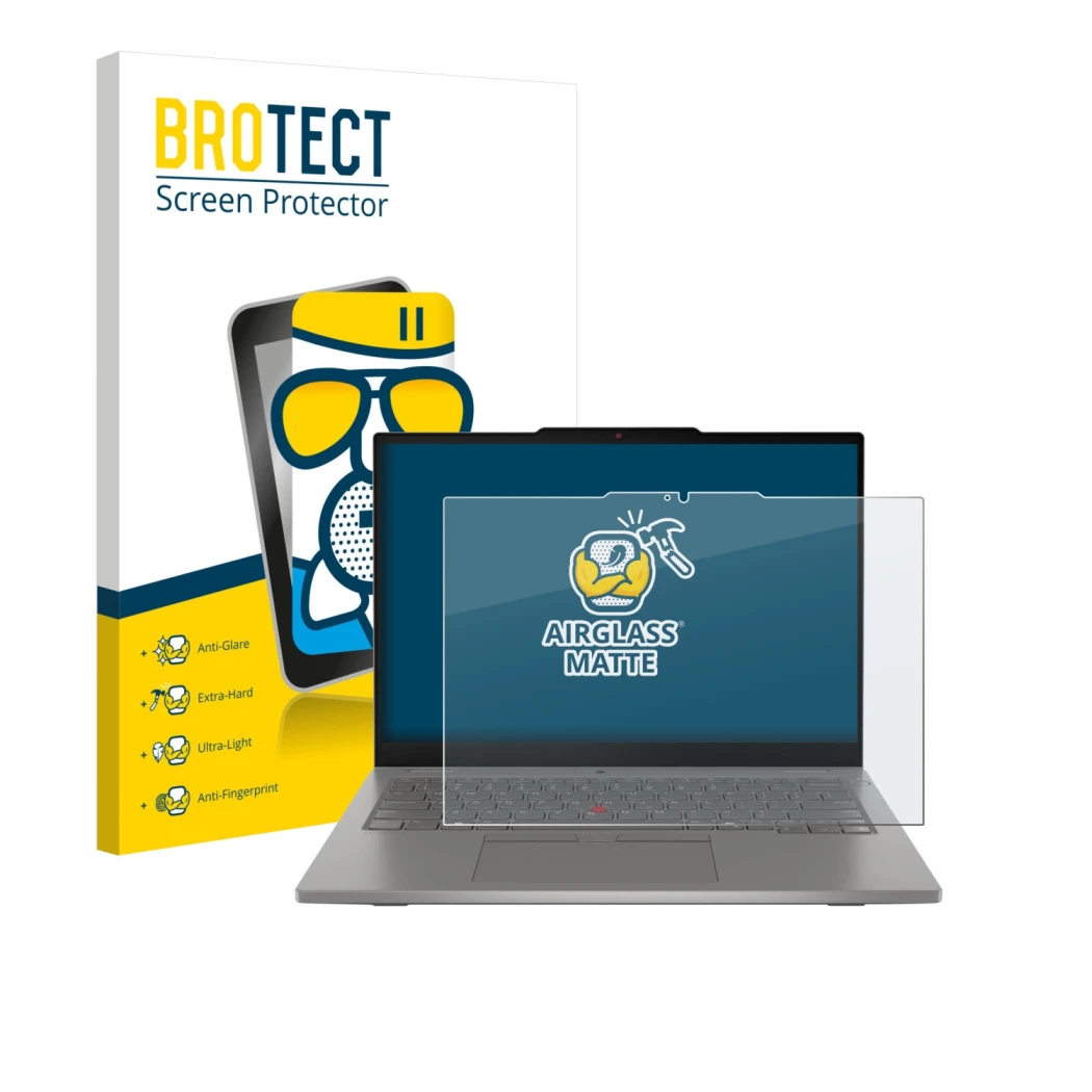 Front side of a product packaging with the brand logo BROTECT. Next to it is the device Lenovo ThinkPad L13 2-in-1 Gen 6 shown