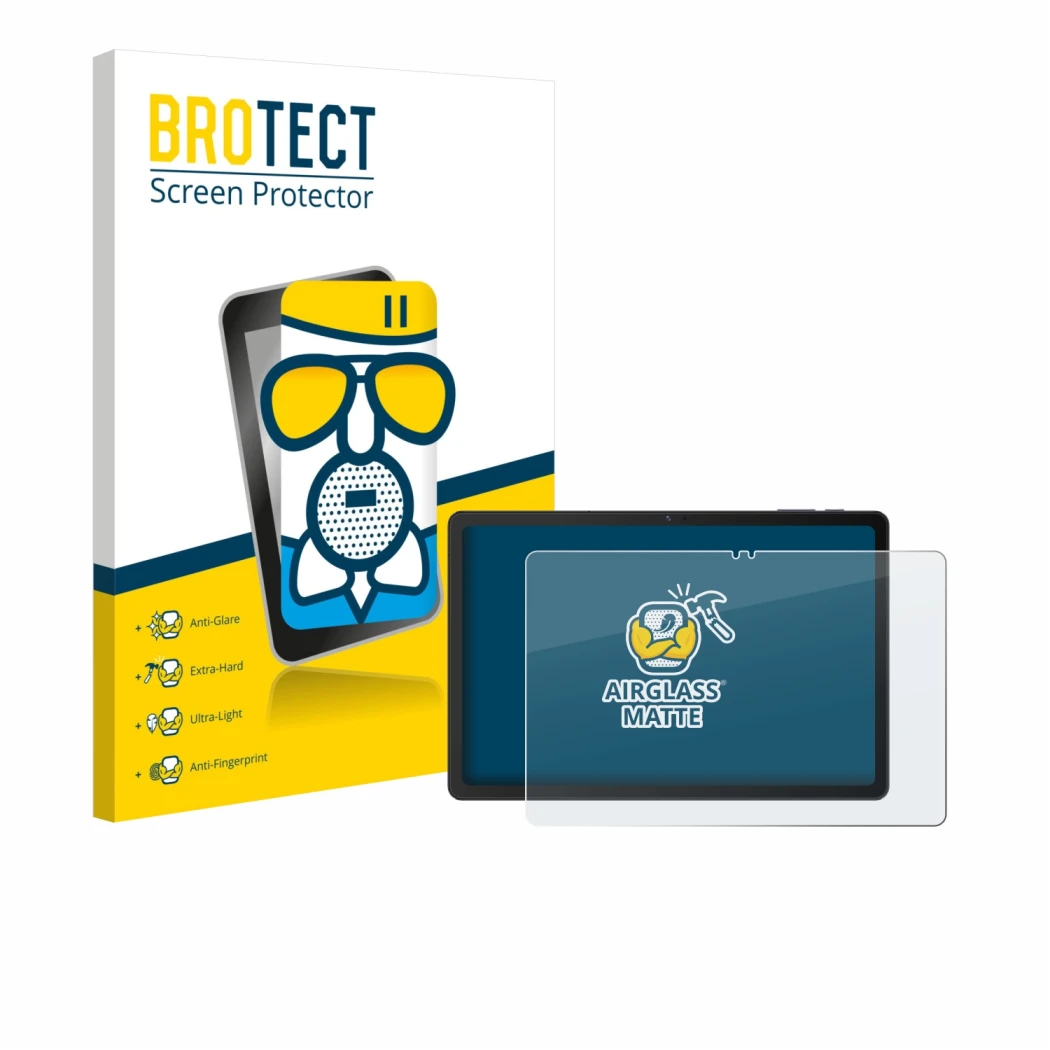 Front side of a product packaging with the brand logo BROTECT. Next to it is the device VALE Tablet V11E LTE shown with the co