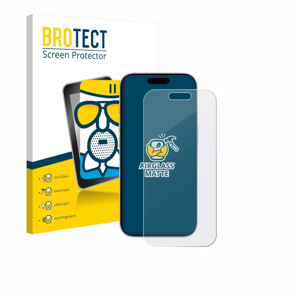 Front side of a product packaging with the brand logo BROTECT. Next to it is the device Apple iPhone 17 shown with the corresp