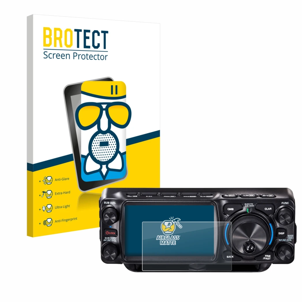 Front side of a product packaging with the brand logo BROTECT. Next to it is the device Yaesu FTX-1 shown with the correspondi
