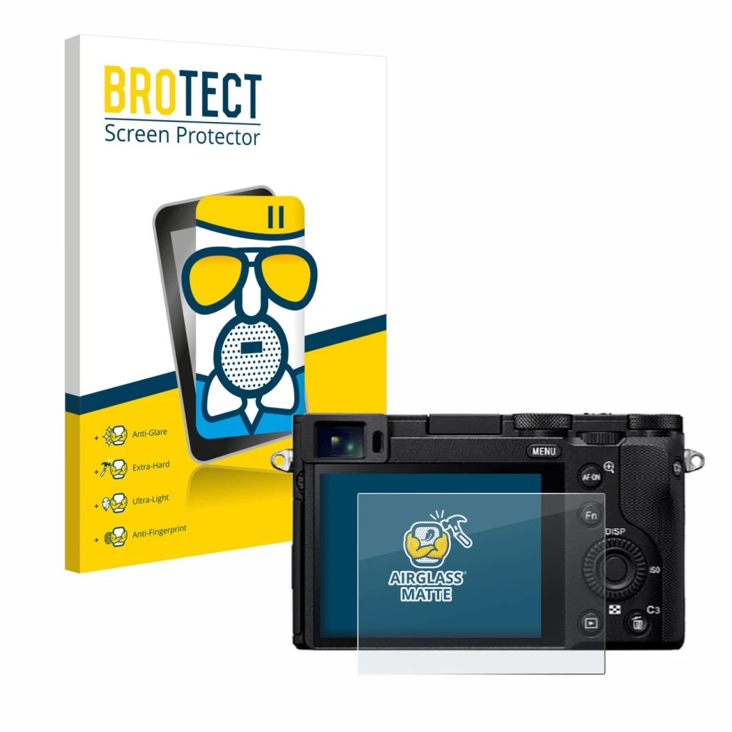 Front side of a product packaging with the brand logo BROTECT. Next to it is the device Sony RX1R III shown with the correspon