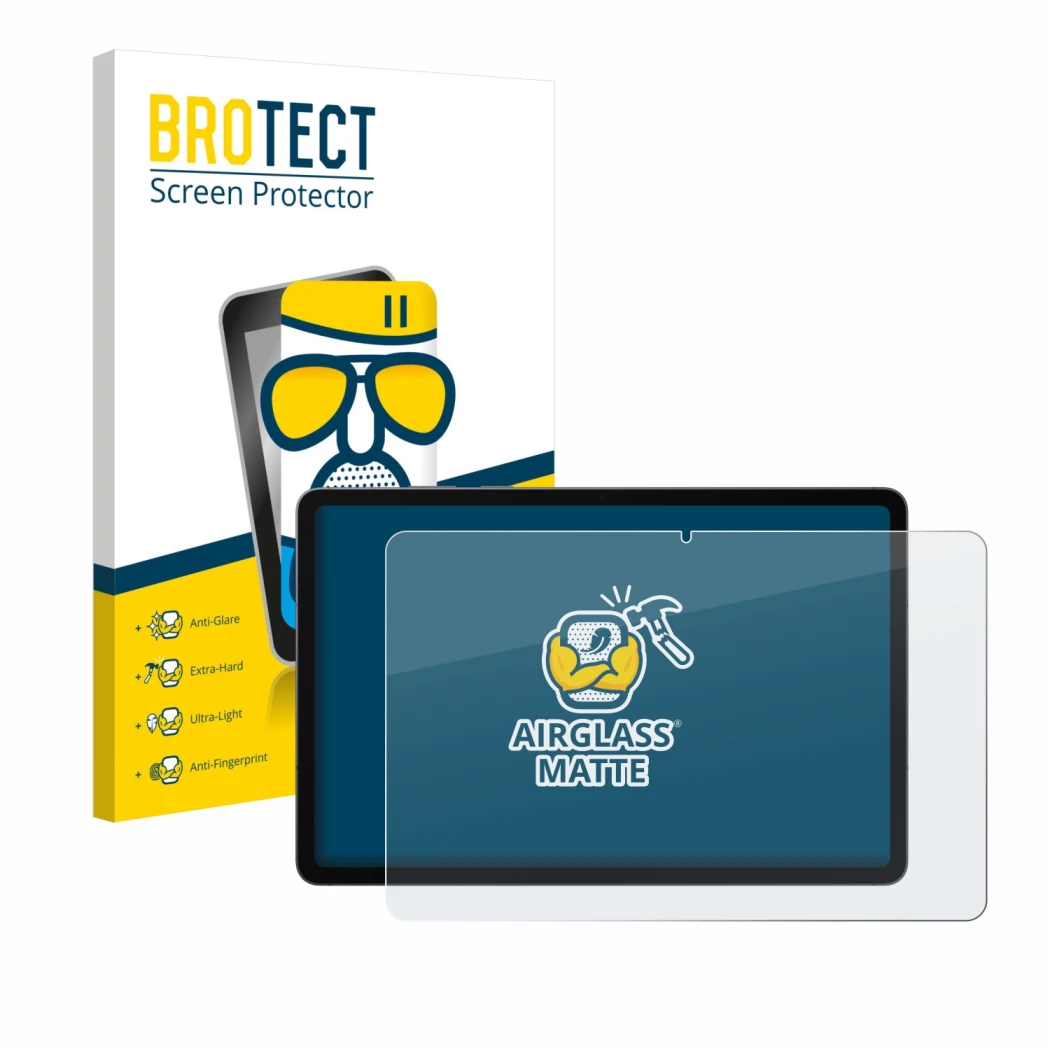 Front side of a product packaging with the brand logo BROTECT. Next to it is the device Samsung Galaxy Tab S11 shown with the 