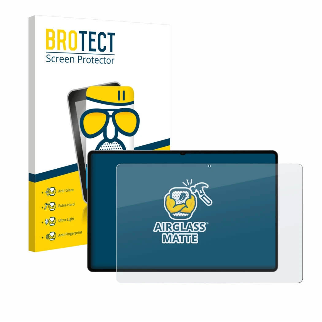 Front side of a product packaging with the brand logo BROTECT. Next to it is the device Samsung Galaxy Tab S11 Ultra shown wit