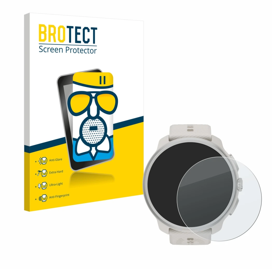 Front side of a product packaging with the brand logo BROTECT. Next to it is the device Suunto Race 2 shown with the correspon