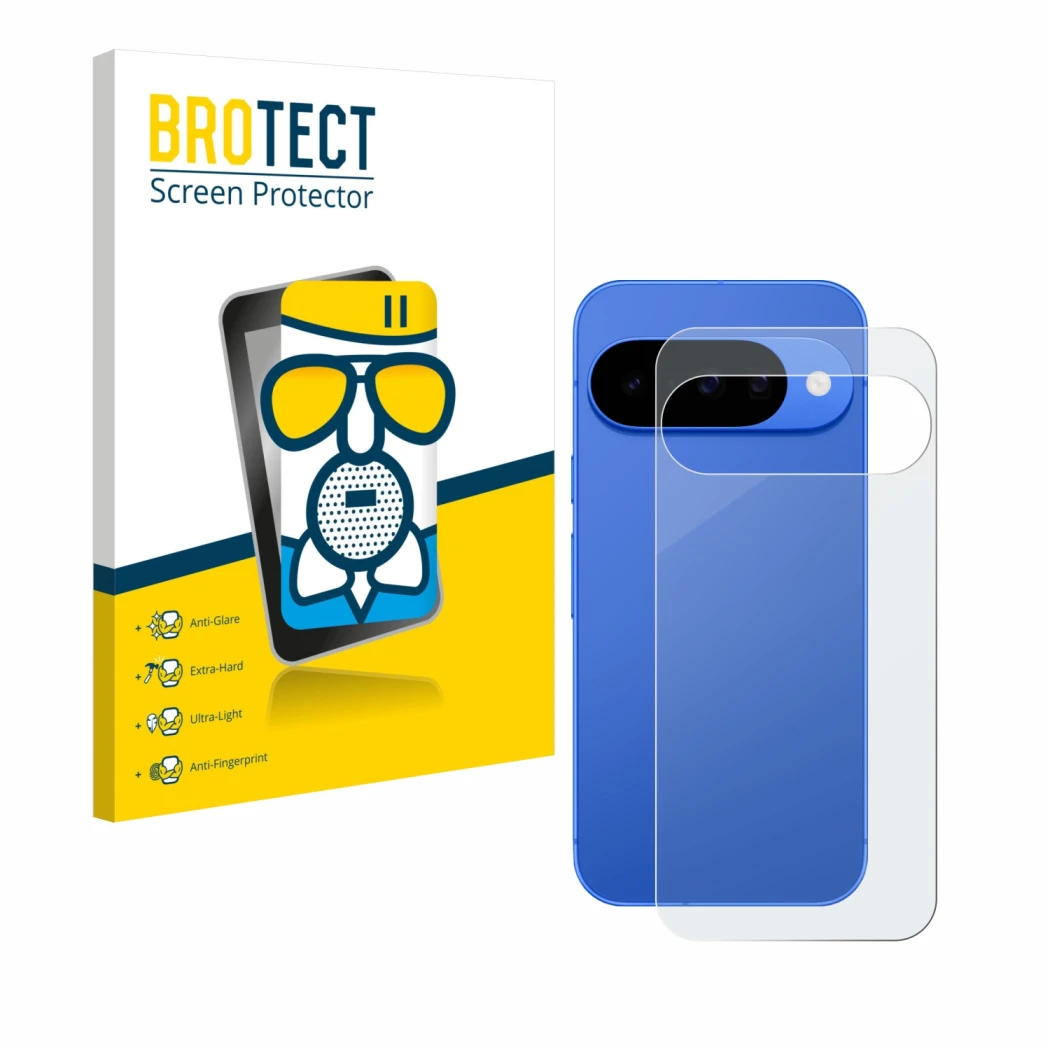 Front side of a product packaging with the brand logo BROTECT. Next to it is the device Google Pixel 10 (Back) shown with the 