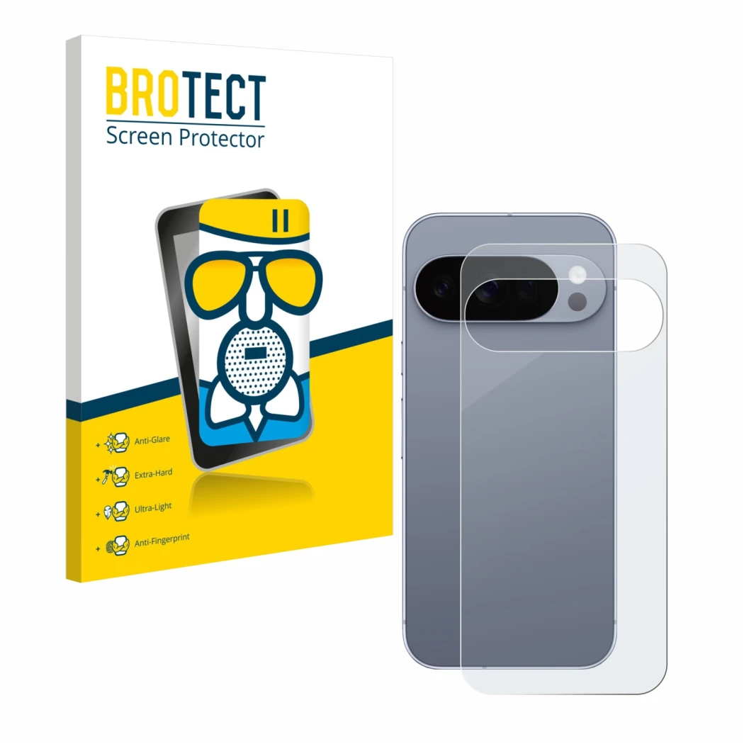 Front side of a product packaging with the brand logo BROTECT. Next to it is the device Google Pixel 10 Pro (Back) shown with 