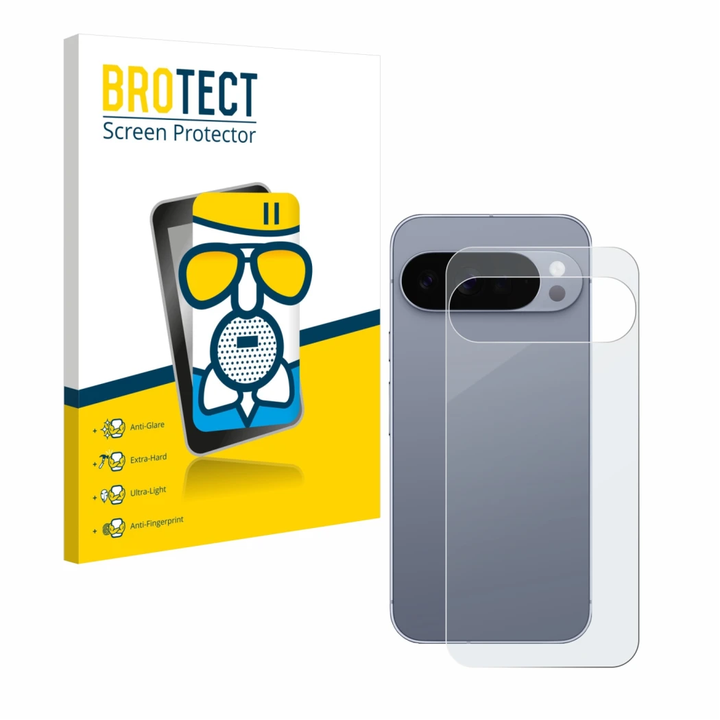 Front side of a product packaging with the brand logo BROTECT. Next to it is the device Google Pixel 10 Pro XL (Back) shown wi