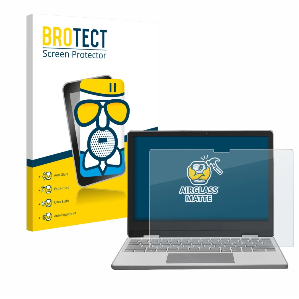 Front side of a product packaging with the brand logo BROTECT. Next to it is the device Framework Laptop 12 shown with the cor