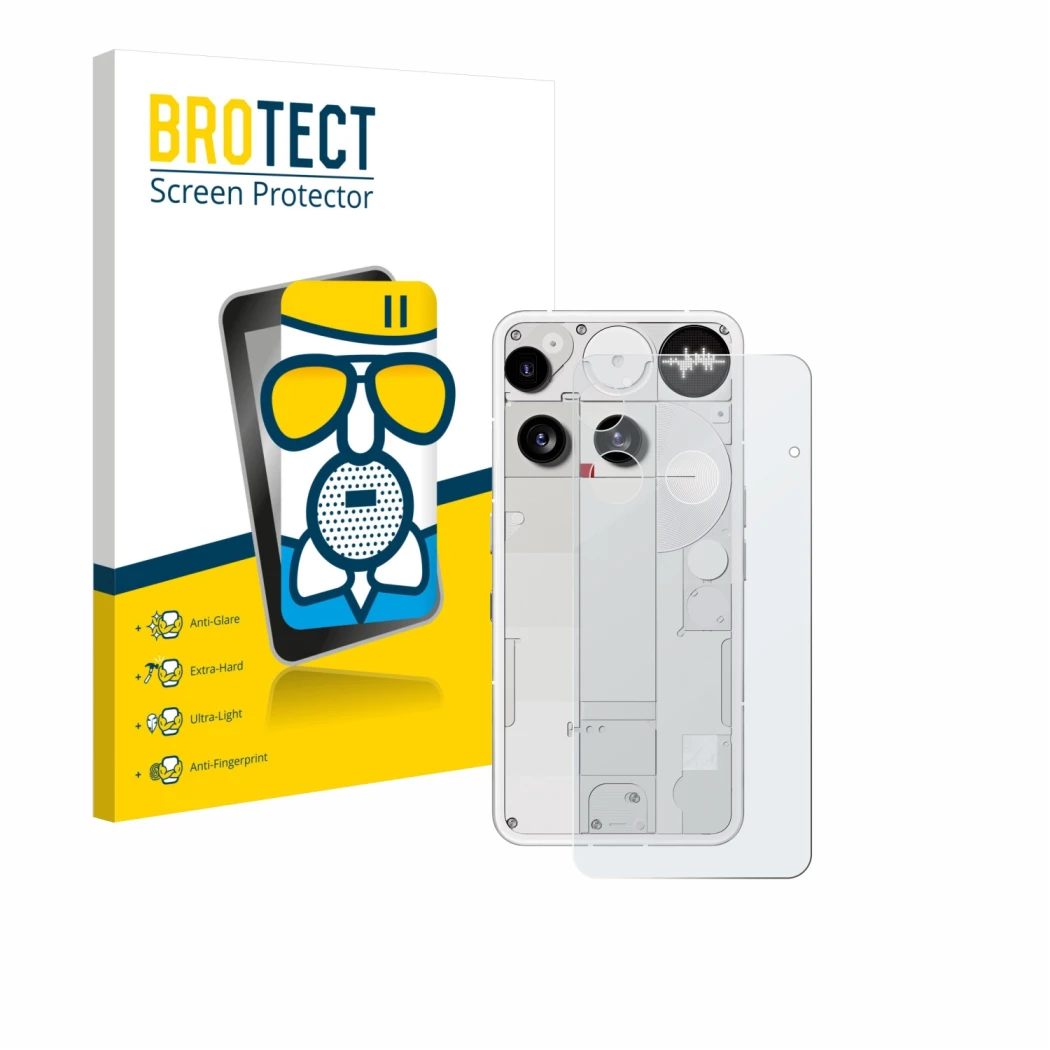 Front side of a product packaging with the brand logo BROTECT. Next to it is the device Nothing Phone (3) (Back) shown with th