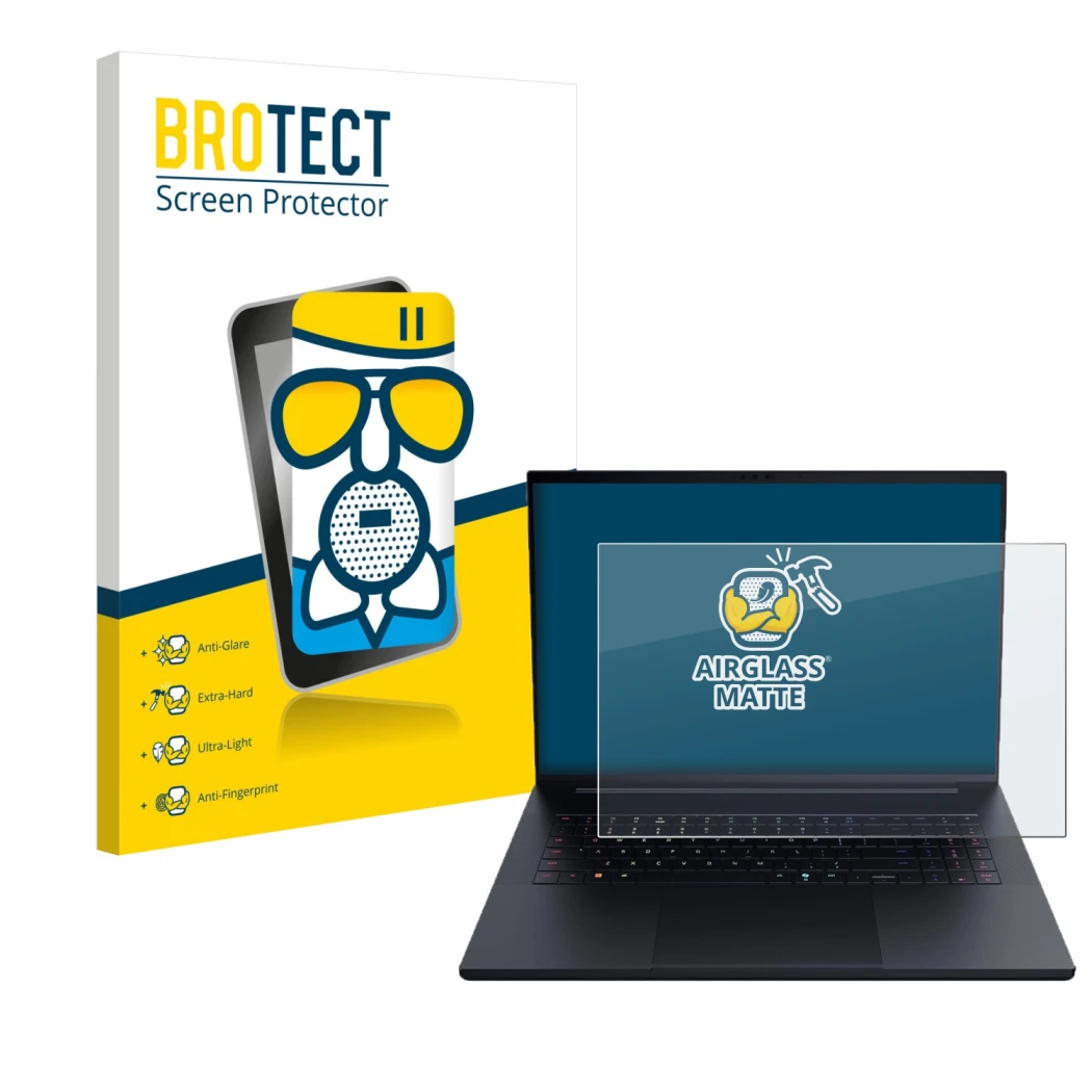 Front side of a product packaging with the brand logo BROTECT. Next to it is the device Razer Blade 18 2025 shown with the cor