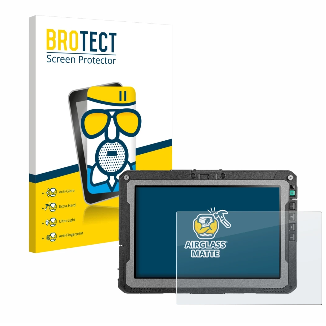 Front side of a product packaging with the brand logo BROTECT. Next to it is the device Getac ZX10 G2 shown with the correspon