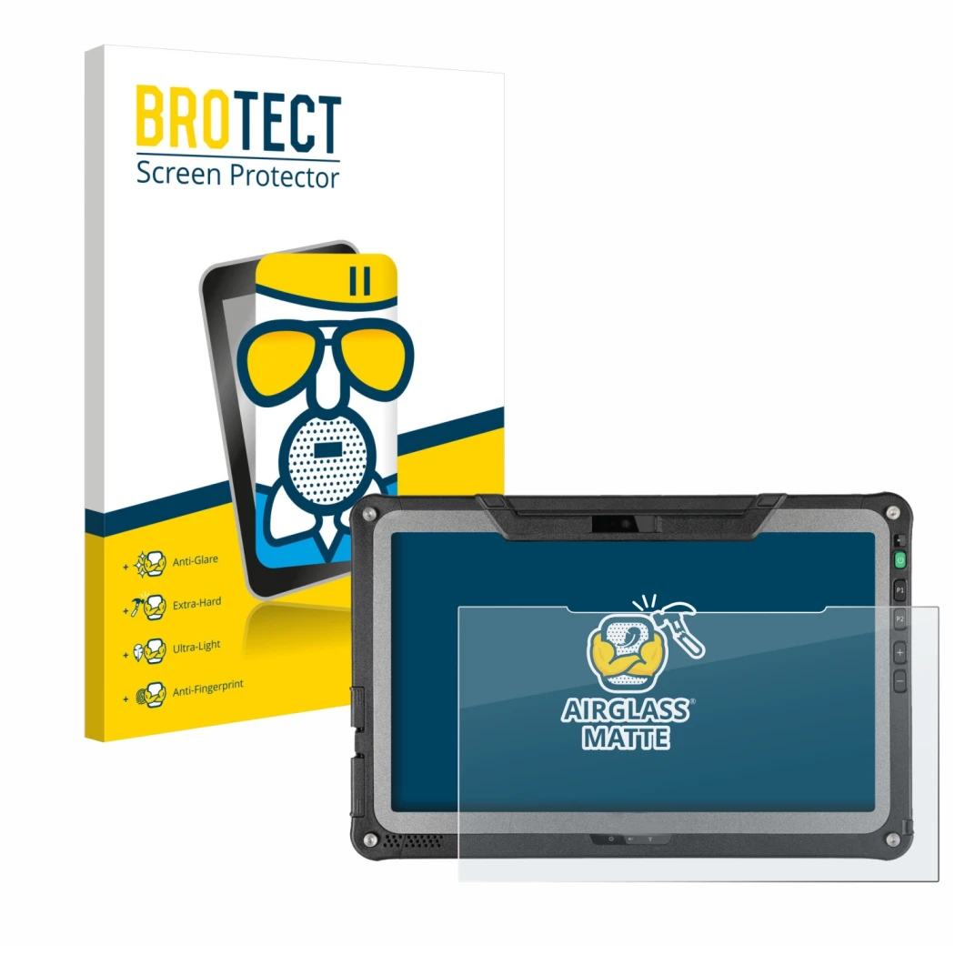 Front side of a product packaging with the brand logo BROTECT. Next to it is the device Getac F110 G7 shown with the correspon