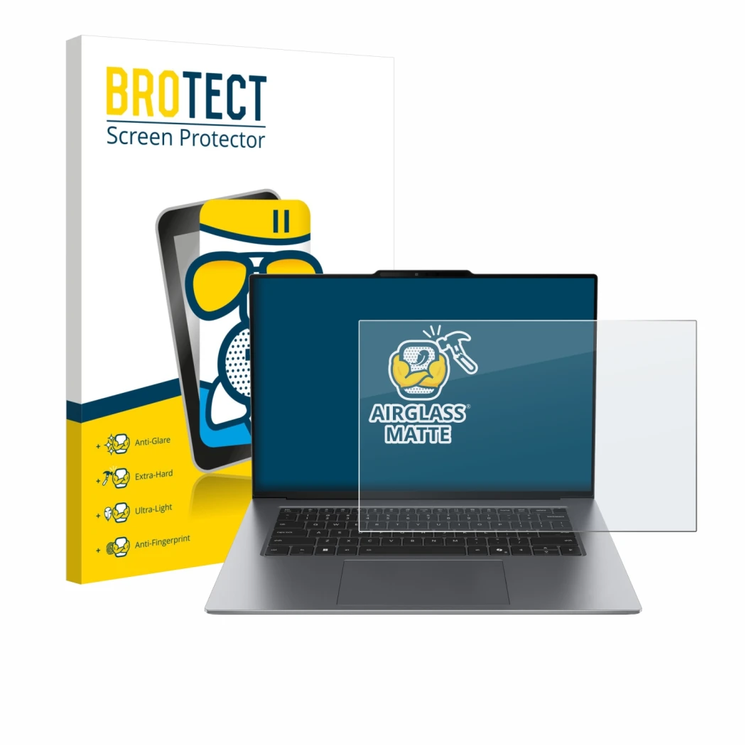 Front side of a product packaging with the brand logo BROTECT. Next to it is the device Lenovo ThinkPad X9 14 G1 shown with th