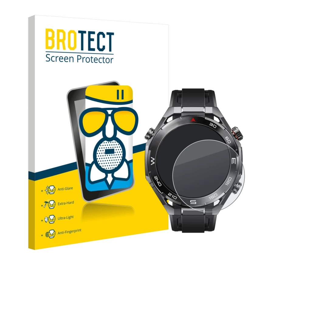 Front side of a product packaging with the brand logo BROTECT. Next to it is the device Huawei Watch Ultimate 2 Black shown wi